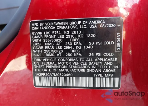 2021 Volkswagen Atlas 3.6L V6 Se W/Technology R-Line from USA, damaged, VIN 1V2PR2CA7MC523460